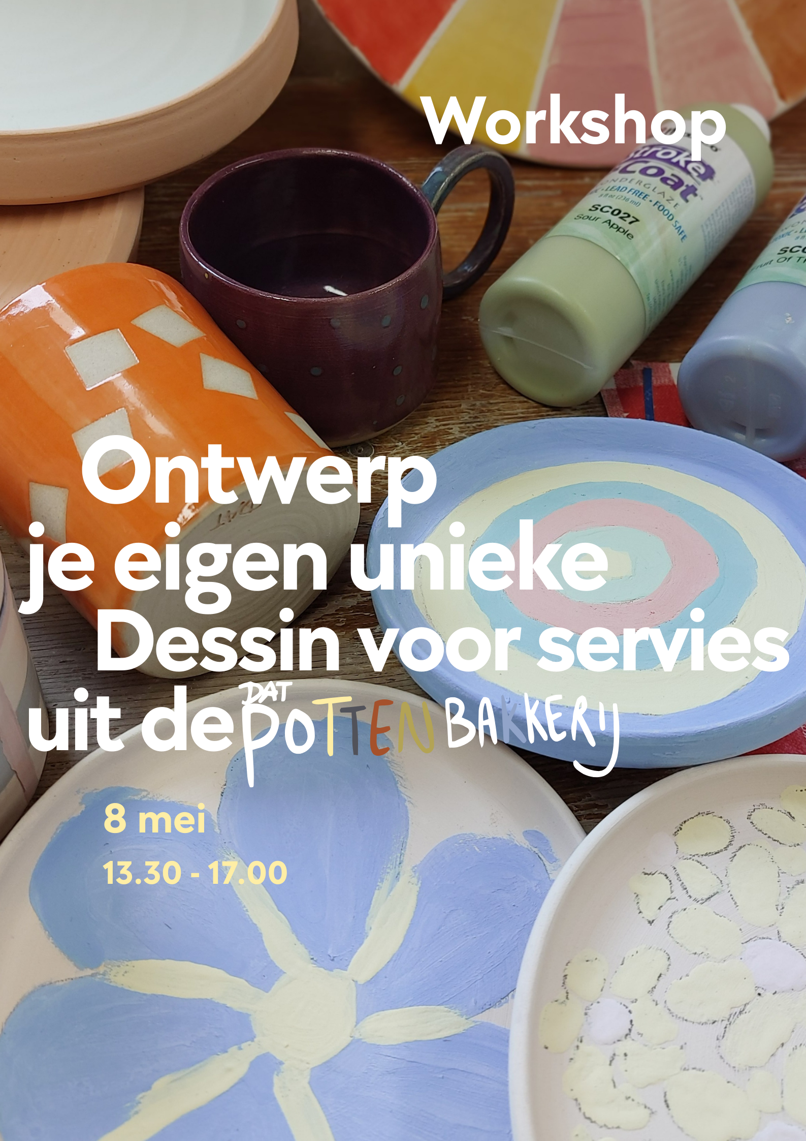 Workshop beschilderen van keramiek. Paint and coffee. Na het stoken is je servies voedselveilig en vaatwasser bestendig en klaar om zelf van te genieten!
